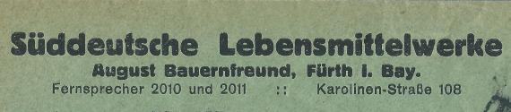 Geschäfts-Briefkuvert der " Süddeutschen Lebensmittelwerke August Bauernfreund " in Fürth, - versandt am 26. Juli 1922 - Ausschnittvergrößerung Firmenadresse