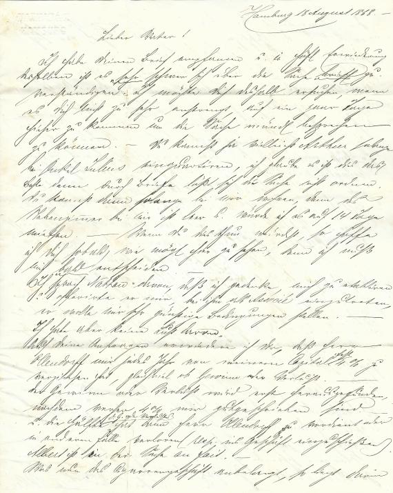 Brief an Herrn August Cohen, Neckarstraße 24 in Stuttgart von seinem Sohn Karl Cohen in Hamburg, - versandt am 18. August 1868 - Brief - Seite 1