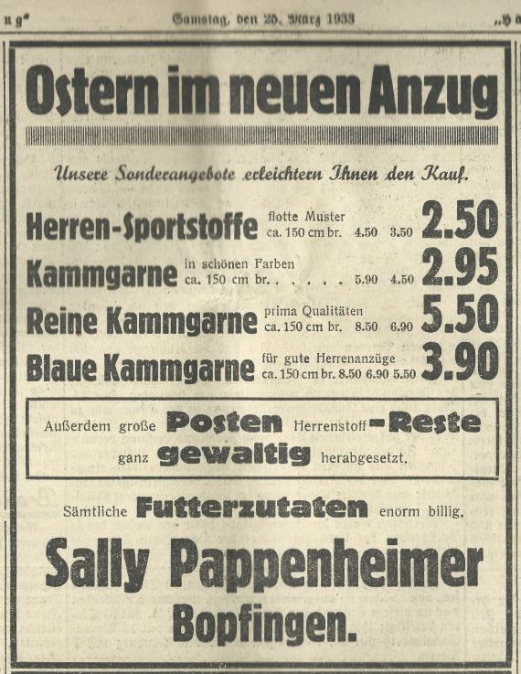 Werbeanzeige - Sally Pappenheimer Werbeanzeige von Sally Pappenheimer im " Härtsfelder Boten " Nr. 71 vom Samstag, 25- März 1933