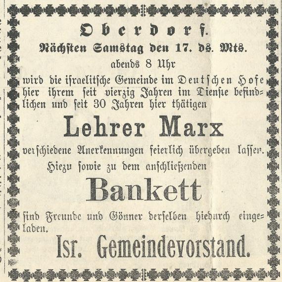 Advertisement in the Bopfinger Tagblatt of February 14, 1900 - Invitation to honor teacher Marx with subsequent banquet on the occasion of his 30th anniversary of service in the Israelite community of Oberdorf.