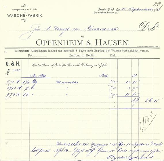 Geschäftsschreiben der Wäschefabrik Oppenheim & Hausen vom 10. September 1888