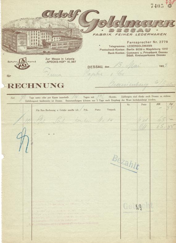 Invoice of the "Fabrik feiner Lederwaren - Adolf Goldmann" in Dessau - written on May 15, 1939