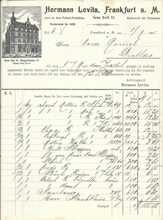 Rechnung - Hermann Levita Rechnung von Hermann Levita, Frankfurt a. M. - vom 8. September 1905