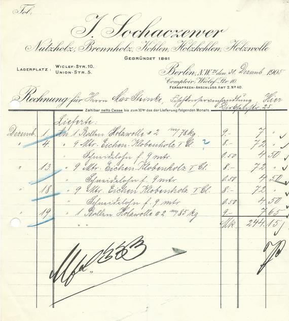 Rechnung von J. Sochaczewer, Nutzholz,Brennholz,Kohlen,Holzkohlen,Holzwolle, - versandt am 31.Dezember 1905 