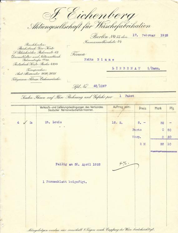 Geschäftsschreiben der " Aktiengesellschaft für Wäschefabrikation J. Eichenberg ", - versandt am 17. Februar 1928 