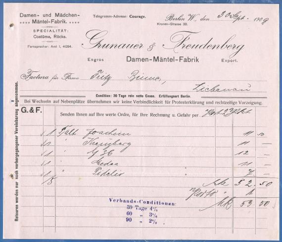 Business letter from the " Damen- und Mädchen - Mantel-Fabrik Grunauer & Freudenberg " dated September 30, 1909