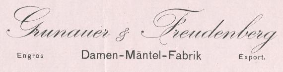 Business letter of " Damen- und Mädchen - Mantel-Fabrik Grunauer & Freudenberg " dated September 30, 1909 - detail enlargement of company name