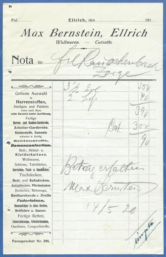 Nota - " Geschäft für Manufakturwaren Max Bernstein ", quittiert am 14. Mai 1920 