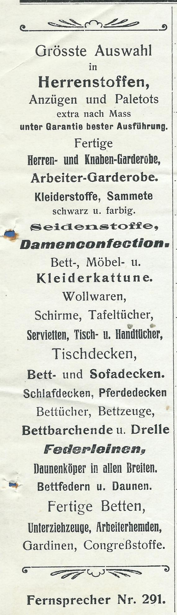 Nota - " Geschäft für Manufakturwaren Max Bernstein ", quittiert am 14. Mai 1920  -  Ausschnittvergrößerung - Warensortiment