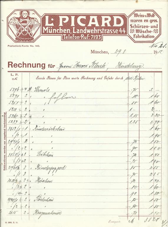 Invoice " L. Picard, Weiss-und Wollwaren en gros,-Schürzen-und Wäschefabrikation, " in Munich, - sent on August 29, 1912