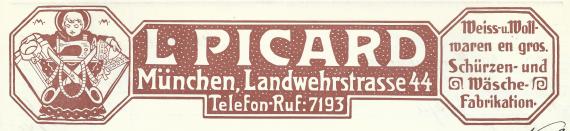 Rechnung " L. Picard, Weiss-und Wollwaren en gros,-Schürzen-und Wäschefabrikation, " in München, - versandt am 29. August 1912 - Ausschnittvergrößerung Firmenlogo