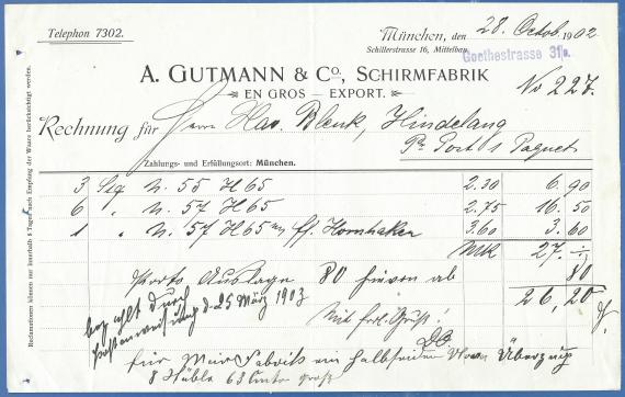 Rechnung der " Schirmfabrik A. Gutmann & Co " in München, - versandt am 28. Oktober 1902 