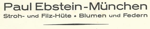 Geschäftsschreiben - Paul Ebstein Geschäftsschreiben der " Fa. Paul Ebstein, Stroh- und Filzhüte - Blumen und Federn " in München vom 17. Januar 1924 - Ausschnittvergrößerung Firmenlogo