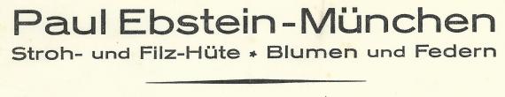 Geschäftsschreiben der " Fa. Paul Ebstein, Stroh- und Filzhüte - Blumen und Federn " in München vom 17. Januar 1924 - Ausschnittvergrößerung Firmenlogo