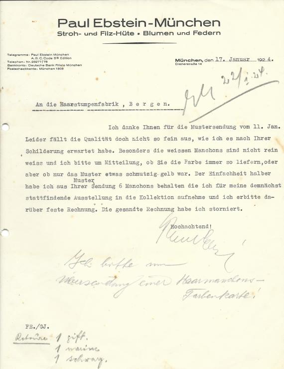 Geschäftsschreiben - Paul Ebstein Geschäftsschreiben der " Fa. Paul Ebstein, Stroh- und Filzhüte - Blumen und Federn " in München vom 17. Januar 1924