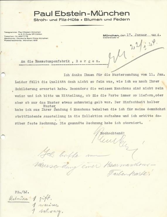 Geschäftsschreiben der " Fa. Paul Ebstein, Stroh- und Filzhüte - Blumen und Federn " in München vom 17. Januar 1924 