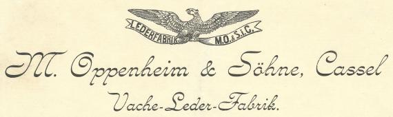 Geschäftsschreiben der " Vache- Lederfabrik M. Oppenheim & Söhne " in Kassel, - versandt am 21. April 1908 - Ausschnittvergrößerung Firmenlogo