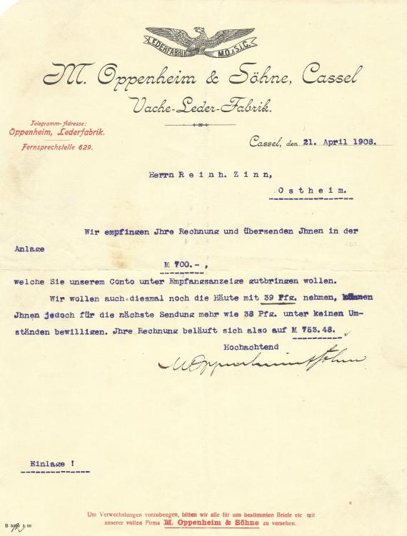 Business letter from the " Vache- Lederfabrik M. Oppenheim & Söhne " in Kassel, - sent on April 21, 1908