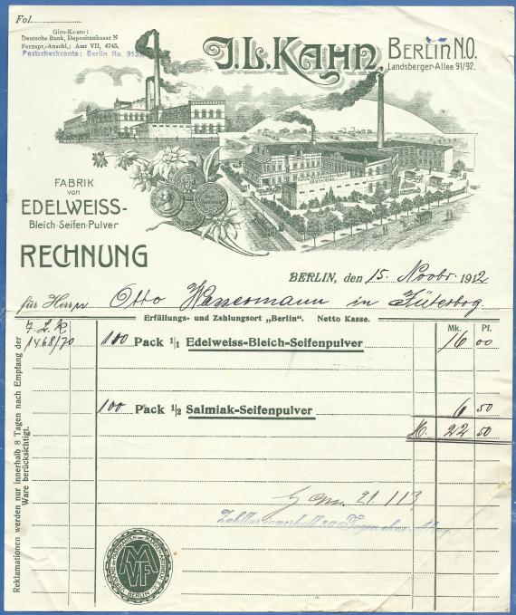 Rechnung der " Seifenpulver-Fabrik J. L. Kahn " in Berlin, - versandt am 15. November 1912 