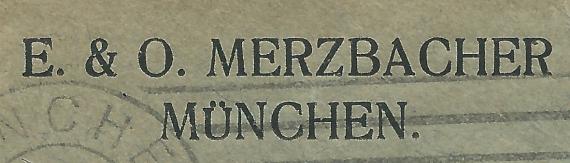 Briefumschlag des Konfektions- und Rauchwarengeschäft´s von E- & O. Merzbacher in München, - versandt am 28. Dezember 1921 - Ausschnittvergrößerung Firmenname