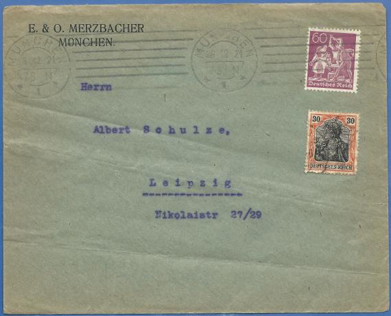 Envelope of the ready-made clothing and smoking goods store of E- & O. Merzbacher in Munich, - mailed on December 28, 1921