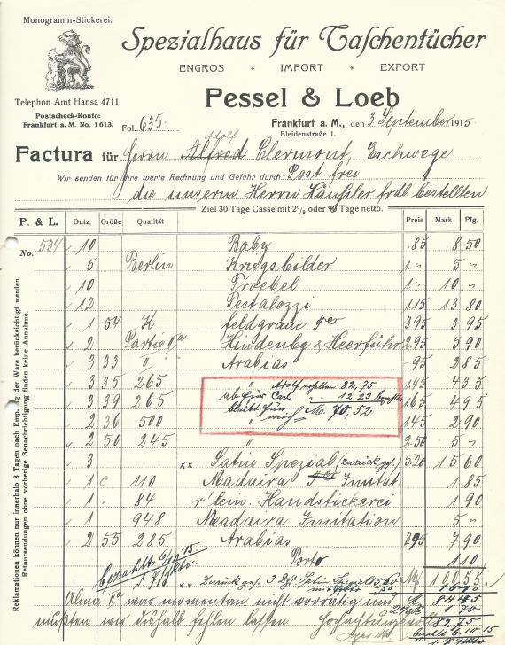 Geschäftsschreiben von "  Pessel & Loeb, Spezialhaus für Taschentücher " in Frankfurt a. M., - versandt am 3. September 1915 