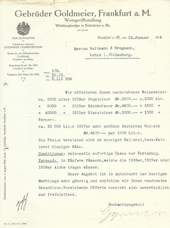 Geschäftsschreiben der " Weingroßhandlung Gebrüder Goldmeier " in Frankfurt, - versandt am 12. Januar 1918 