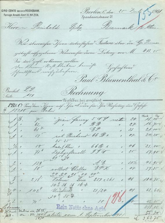 Invoice from " Paul Blumenthal & Co " in Berlin, Spandauerstraße 73 - sent on July 25, 1901