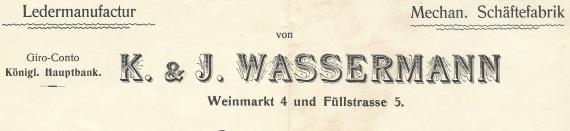 Rechnung der " Ledermanufactur-Mechanische Schäftefabrik K. & J. Wassermann " in Nürnberg, - versandt am 16. Oktober 1904  - Ausschnittvergrößerung Firmenadresse