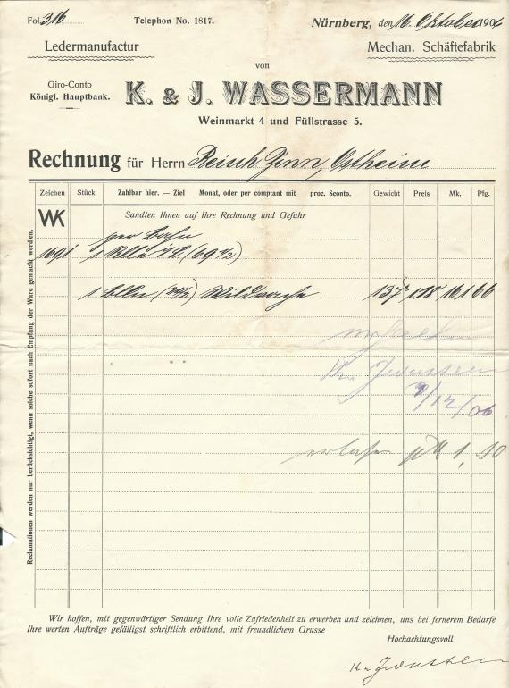 Invoice of " Ledermanufactur-Mechanische Schäftefabrik K. & J. Wassermann " in Nuremberg, - sent on October 16, 1904