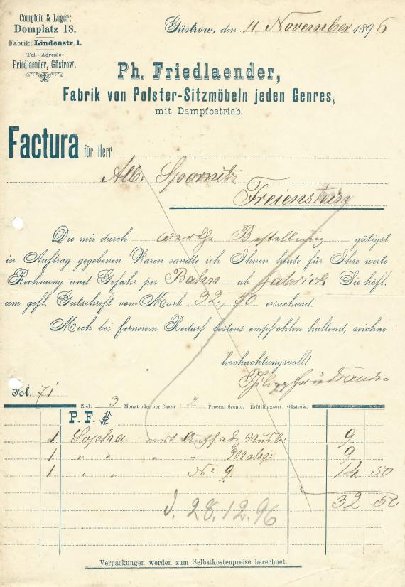 Factura - " Ph. Friedlaender - Factory for upholstered seating furniture of all genres " in Güstrow, shipped on November 11, 1896