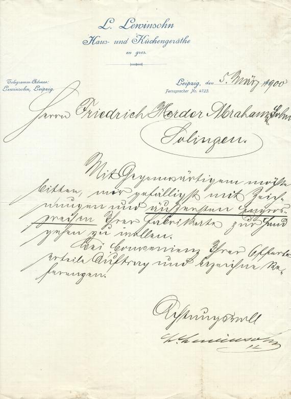 Business letter from the household and kitchen appliance store L. Lewinsohn in Leipzig, - sent on March 5, 1900