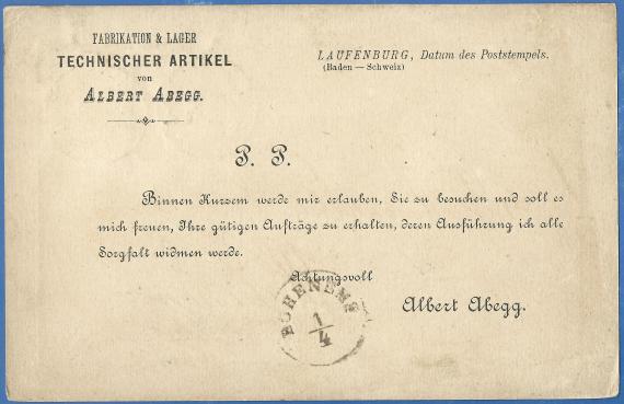 Postkarte geschäftlicher Art an Herrn Rosenthal & Co, - versandt am 1. April 1879  -  Kartenrückseite