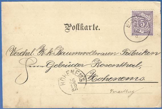 Postkarte an die Verehrlichen K.K.Baumwollwaren Fabriken Herrn Gebrüder Rosenthal in Hohenems, - versandt am 25. Oktober 1888