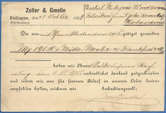 Postkarte an die Veehrlichen K.K.Baumwollwaren Fabriken Herrn Gebrüder Rosenthal in Hohenems, - versandt am 25. Oktober 1888  -  Kartenrückseite