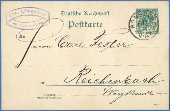 Postkarte geschäftlicher Art von Abraham Löwenthal in Ronsdorf, - versandt am 15. Januar 1894  