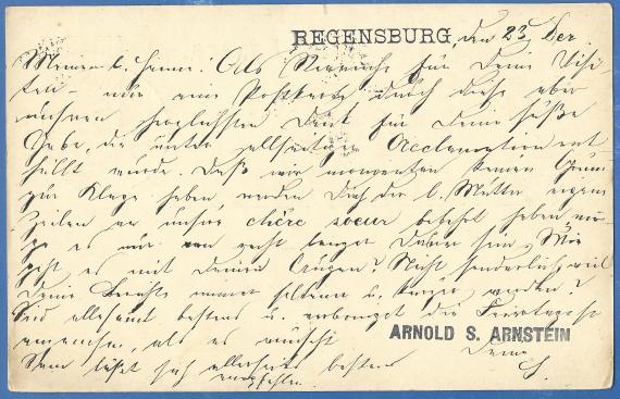 Postkarte - Arnold S. Arnstein,Regensburg - versandt am 23. Dezember 1883  -  Kartenrückseite