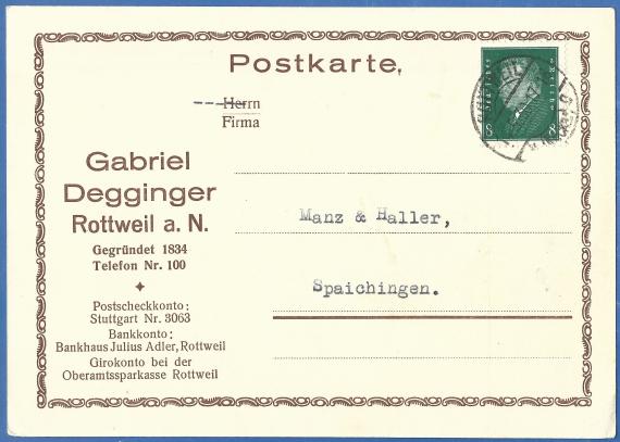 Geschäftspostkarte von " Gabriel Degginger, Herren- und Damenkleidung, Aussteuer- und Manufakturwaren " in Rottweil, - versandt am 14. Mai 1930  