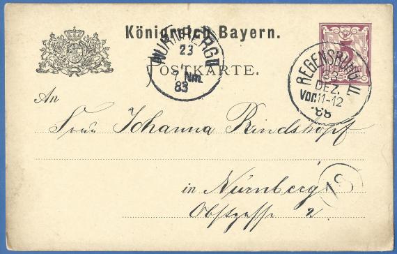 Postkarte - Arnold S. Arnstein,Regensburg - versandt am 23. Dezember 1883