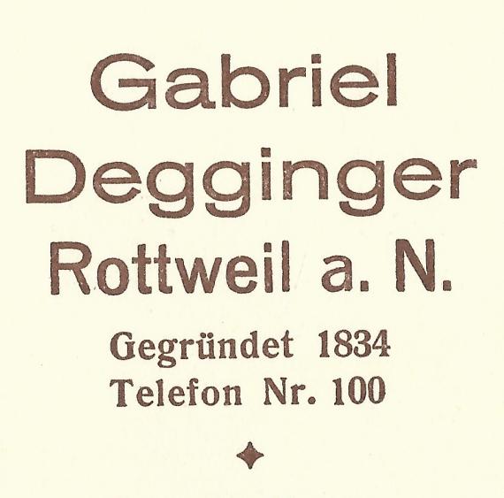 Geschäftspostkarte von " Gabriel Degginger, Herren- und Damenkleidung, Aussteuer- und Manufakturwaren " in Rottweil, - versandt am 14. Mai 1930  -  Ausschnittvergrößerung Firmenname