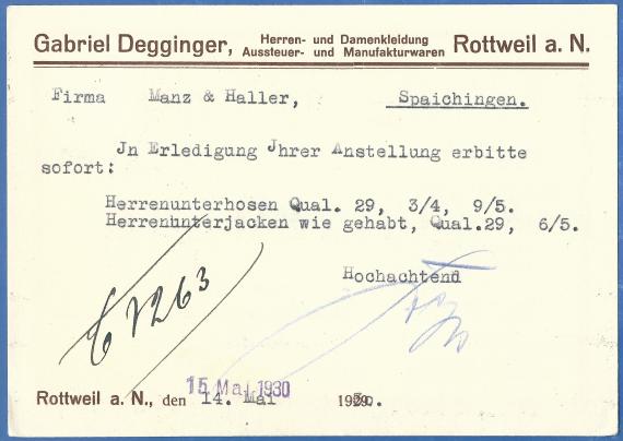 Geschäftspostkarte von " Gabriel Degginger, Herren- und Damenkleidung, Aussteuer- und Manufakturwaren " in Rottweil, - versandt am 14. Mai 1930  -  Kartenrückseite