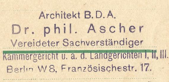 Postkarte an Architekt B.D.A. Dr. phil. Ascher, Vereidigter Sachverständiger am Kammergericht und Landgericht I, II, III, - versandt am 23. August 1926  - Ausschnittvergrößerung Adresse