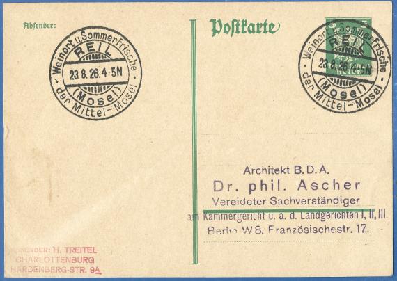 Postkarte an Architekt B.D.A. Dr. phil. Ascher, Vereidigter Sachverständiger am Kammergericht und Landgericht I, II, III, - versandt am 23. August 1926 