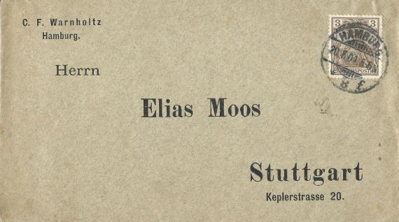 Briefumschlag an Herrn Elias Moos in Stuttgart, Keplerstraße 20, - versandt am 20. Mai 1901