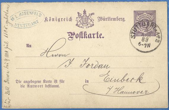 Postkarte geschäftlicher Art von M. L. Rosenfeld, - versandt am 5. April 1889 