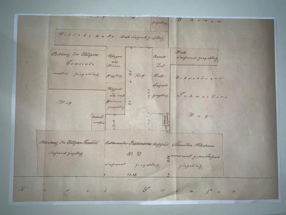 Construction plan of a synagogue and surrounding buildings.