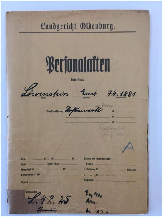 Recording of Ernst Löwenstein's personnel file from the Oldenburg District Court