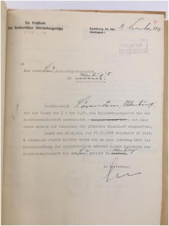 Löwenstein's application for reinstatement as a Jewish consultant at the District Court of November 19, 1938.