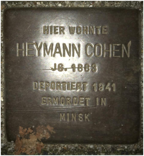 zeigt die Lebensdaten Heimann Cohens , die Datierung seiner Deportation und Minsk als Ort seiner Ermordung