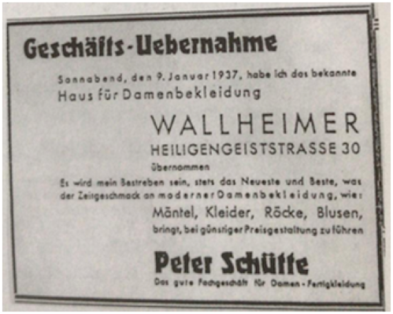 „Übernahmeanzeige“ des Damenbekleidungsgeschäftes Wallheimer durch Peter Schütte vom 09. Januar 1937